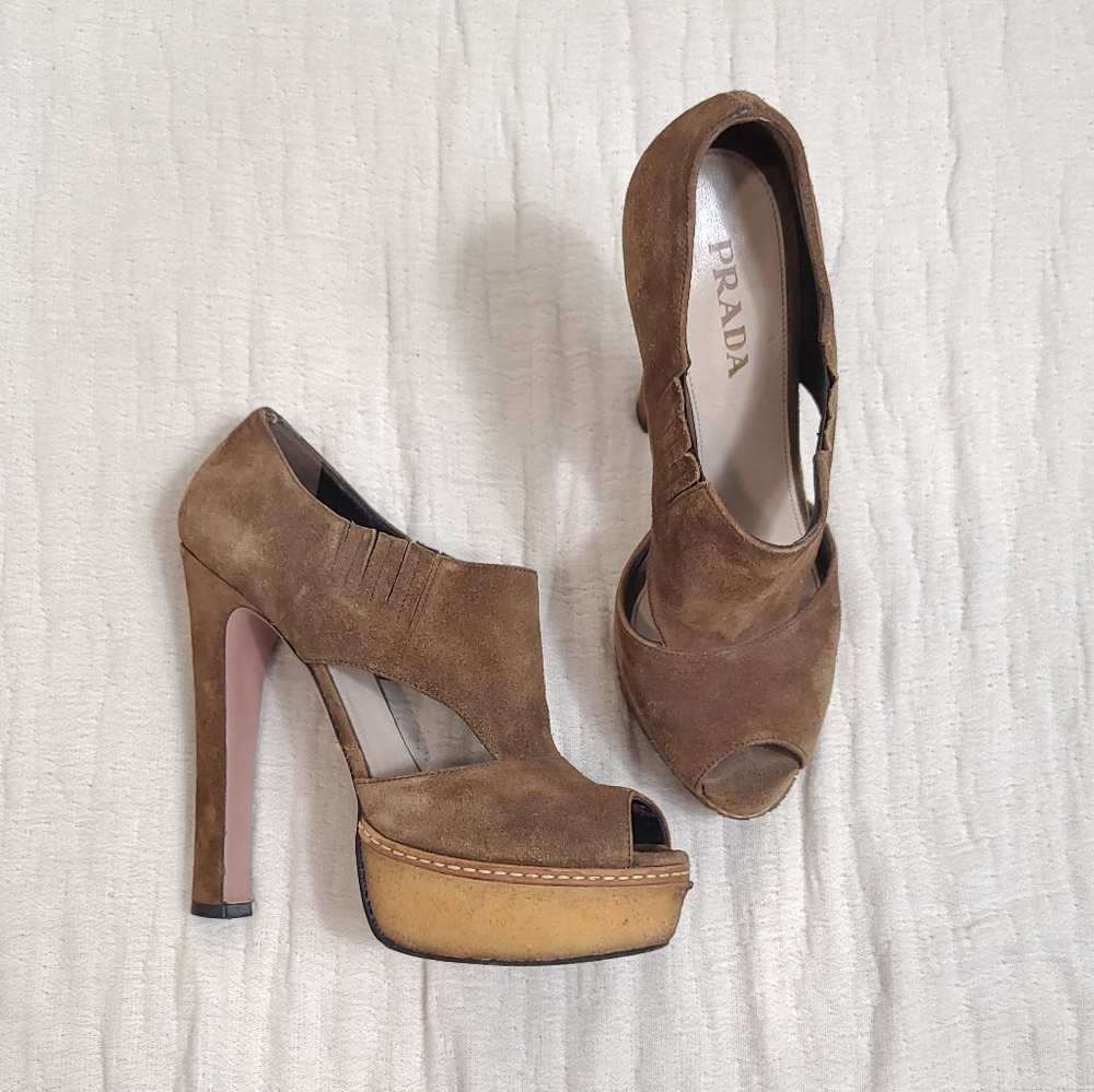 Prada Sigaro Suede Peep Toe Platform Heels - Picture 2 of 16